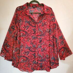Roamans Tunic Top Womens Sz 20W Button Down Long Bell Sleeve Semi-Sheer Red